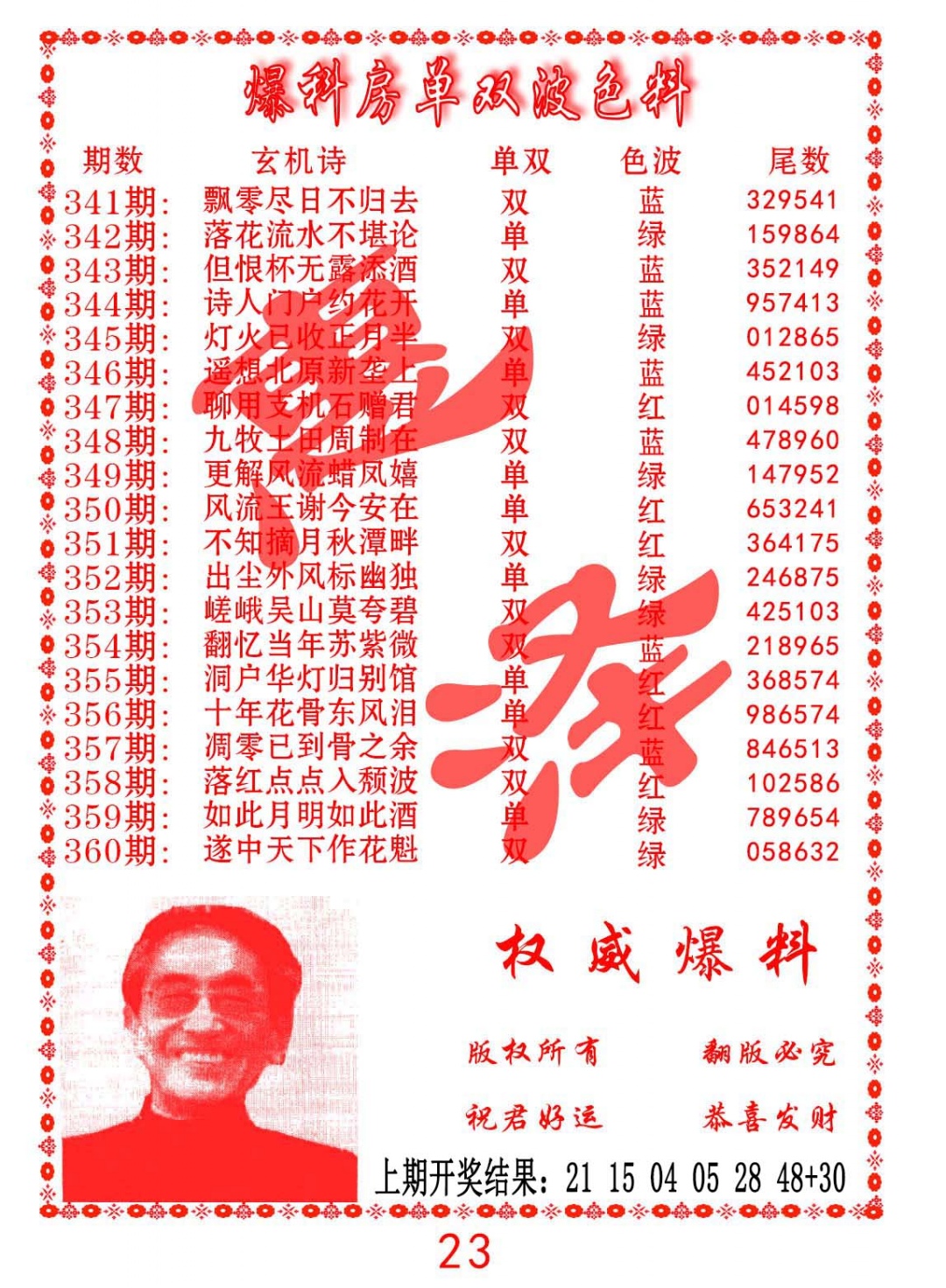 355期爆料房单双波色料[图]